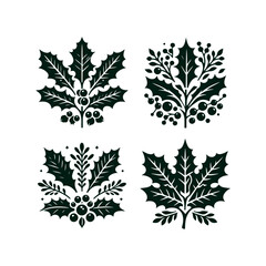 Fototapeta premium A set of Christmas Holly decorations with a green leaf silhouette vector art illustration isolated on a white background