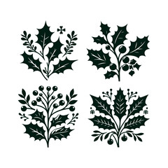 A set of Christmas Holly decorations with a green leaf silhouette vector art illustration isolated on a white background