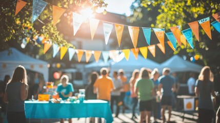 a community event with banners and logos of supporting organizations, illustrating affiliation with local causes or groups