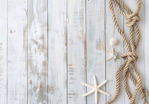 Nautical Rope and Seashells on Whitewashed Wood