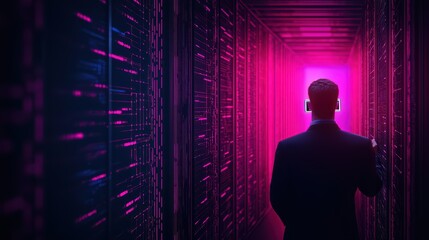 Silhouette of a business professional in a data center with vibrant lighting.