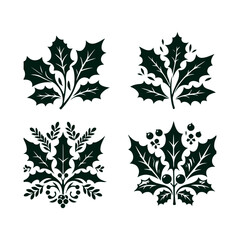 Fototapeta premium A set of Christmas Holly decorations with a green leaf silhouette vector art illustration isolated on a white background
