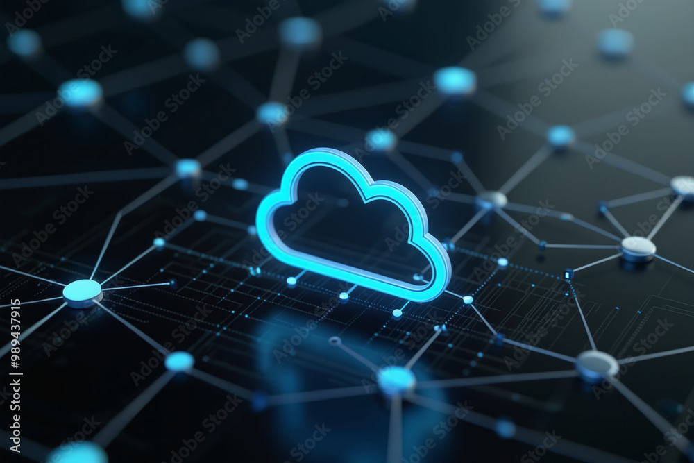 Poster a blue cloud icon on a black background with connected lines and dots, symbolizing cloud computing a