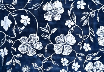 Indigo Blue Batik Fabric with White Floral Pattern