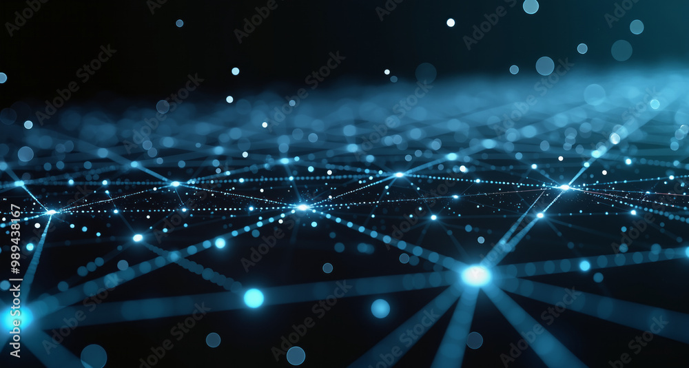 Poster a digital representation of a dark blue background with interconnected lines and dots. the design em