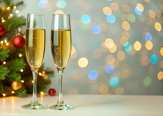 Two champagne glasses against golden bokeh lights. Christmas celebration concept. 
