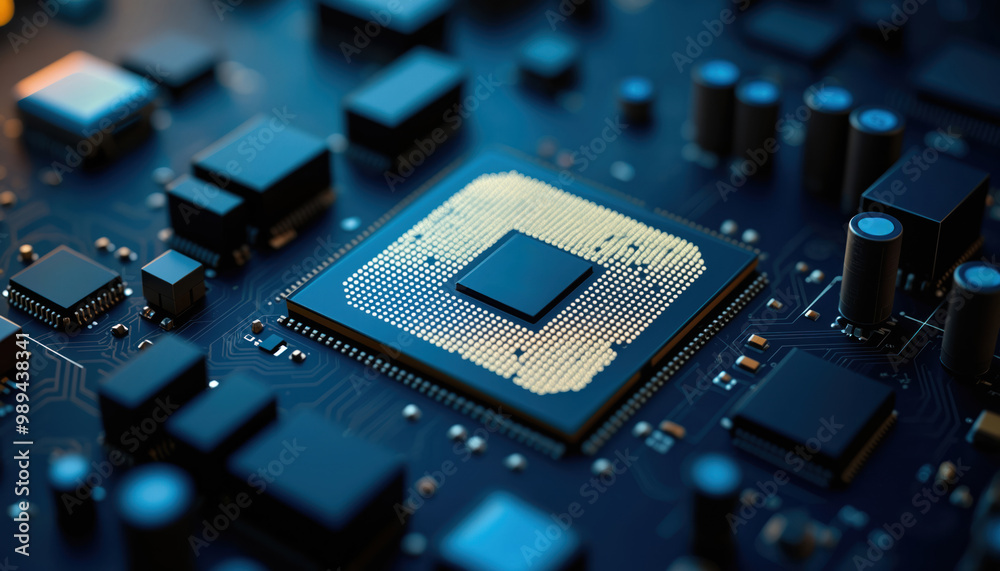 Poster microchip on blue circuit board: close-up of a microchip on a blue circuit board with glowing compon