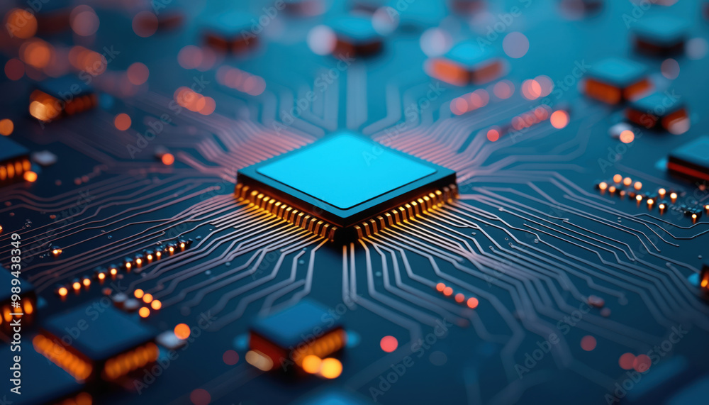 Poster red microchip on blue circuit board: a red microchip on a blue circuit board, highlighting advanced 
