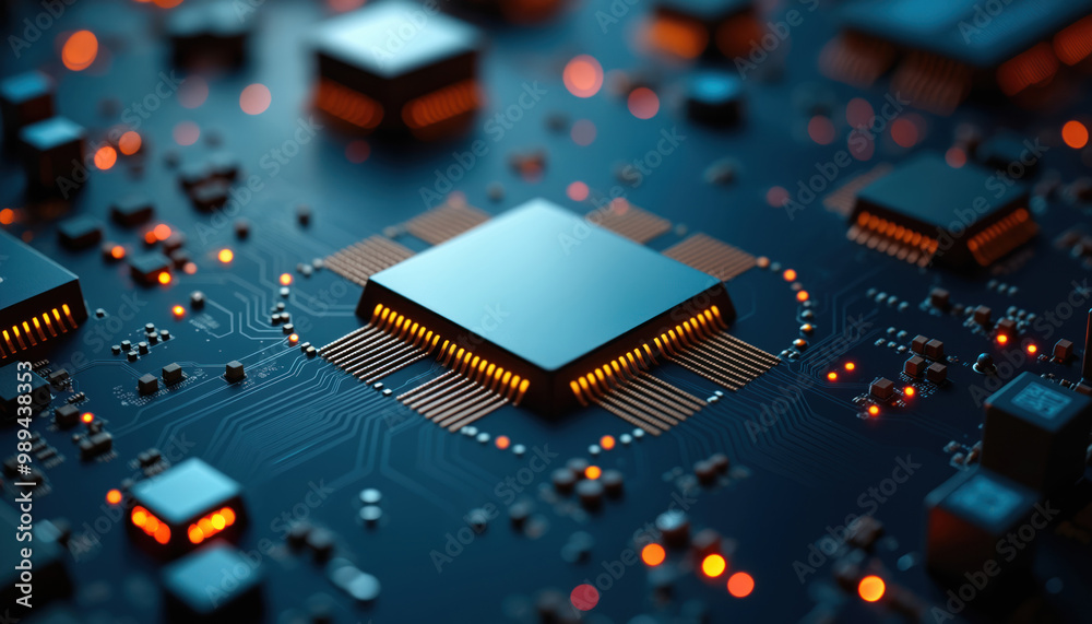 Poster dual microprocessors on circuit board: two microprocessors on a circuit board, representing modern c