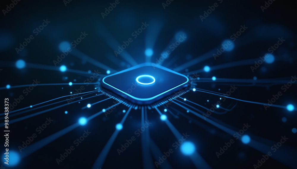 Poster microchip icon with network integration: a microchip icon connected within a digital network, symbol