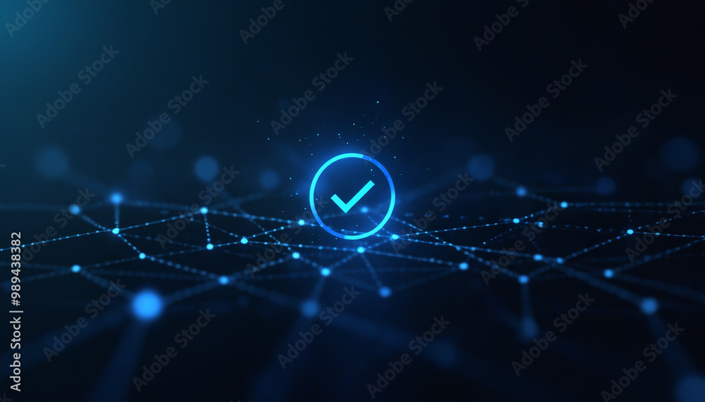 Poster checkmark icon with network verification: a checkmark icon integrated within a digital network, repr