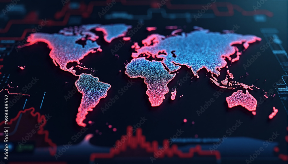 Poster a world map on a computer screen, illuminated by red light against a dark background, suggests data 