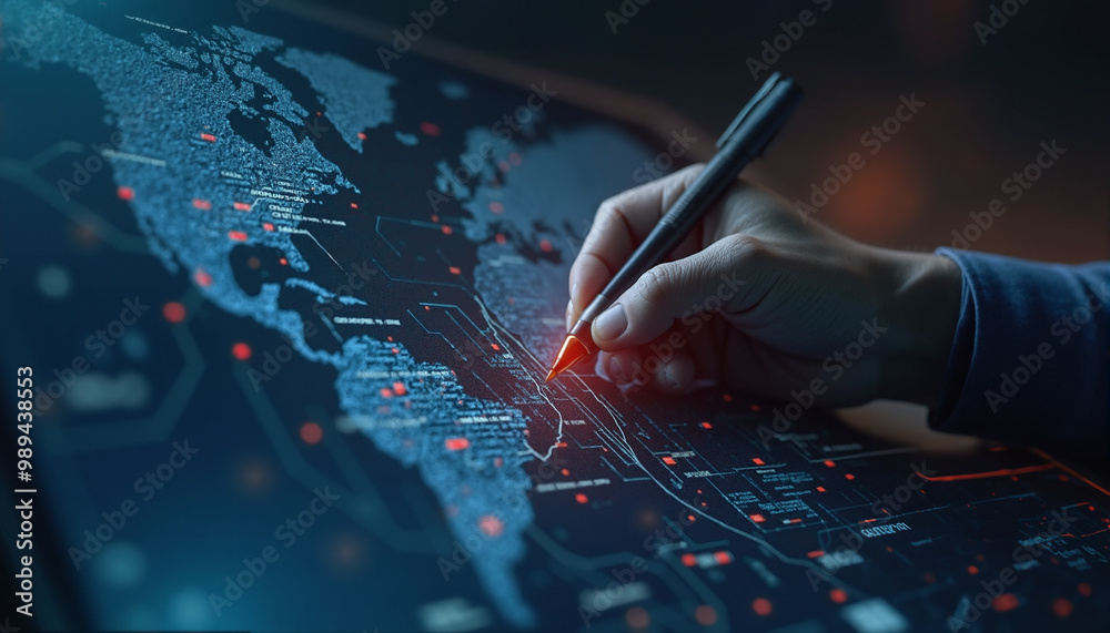 Poster a hand draws on a computer screen displaying a world map, surrounded by red dots and futuristic line