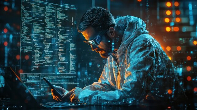 Generative ai collage photo of professional it specialist using device writing code computer network maintenance