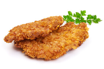 Delicious crispy chicken fillet in bread crumbs, isolated on white background