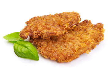 Delicious crispy chicken fillet in bread crumbs, isolated on white background