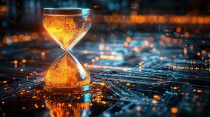 Hourglass with glowing particles on a futuristic circuit board. Concept of time machine, data processing and network technology. Design for wallpaper, tech background, and conceptual art.