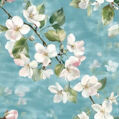 Obraz premium Vintage floral wallpaper, apple blossoms on a blue background