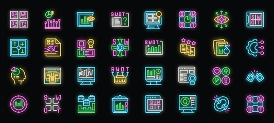 Swot analysis neon icons set vector. Business planning and market researching, opportunity and threat, weakness and strength illustrations