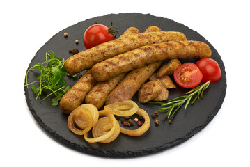 Grilled chicken hot dog sausages, close-up, isolated on white background