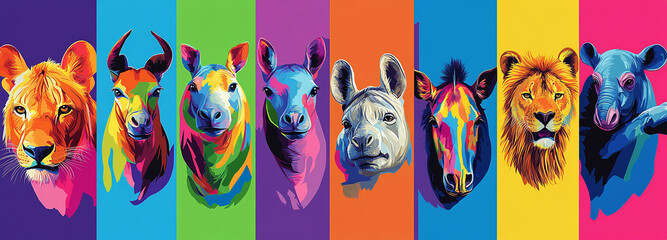 Pop Art zoo animals each species bursting with its own array of vibrant colors