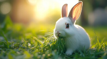 An adorable little bunny is blissfully grazing in the warm sunlight of the countryside
