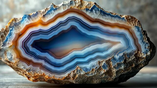 A blue agate with intricate banding sits on a gray surface