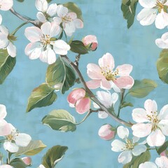 Obraz premium Vintage floral wallpaper, apple blossoms on a blue background