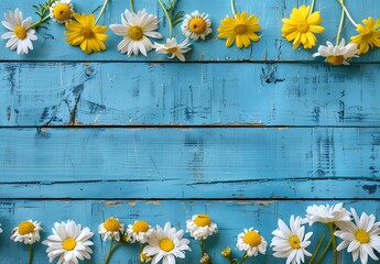Obraz premium Blue Wooden Background With Daisies And Chrysanthemums