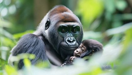 Obraz premium Mother gorilla cradling baby gorilla in lush jungle
