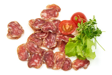 Traditional Spanish Fuet thin dried sausage, Close-up, isolated on a white background
