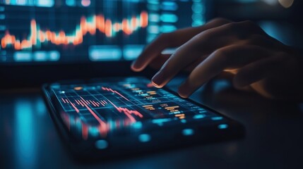 Fototapeta premium A hand using a tablet to trade stocks with a stock chart in the background.