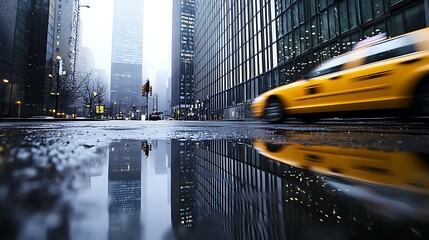 Urban Reflections: Skyscraper in Puddle with Speeding Taxi on Rainy Day