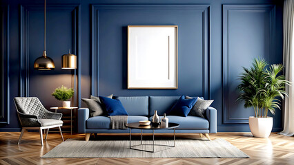 Fototapeta premium Home interior, modern dark blue living room interior, empty wall mock up, white Mock up frame