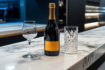 A close-up of a high-end wine bottle, placed on a marble counter with a fine crystal glass beside it, representing luxury dining