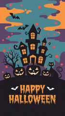 Haunted House, Happy Halloween, celebration pumpkin, ghost, bats and black cats. with Text, Full Moon spooky night mysterious forest darkness scene background.