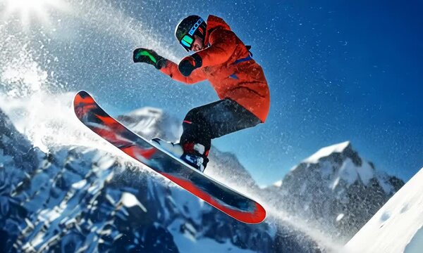 A man in an orange jacket is snowboarding down a mountain 4K Video