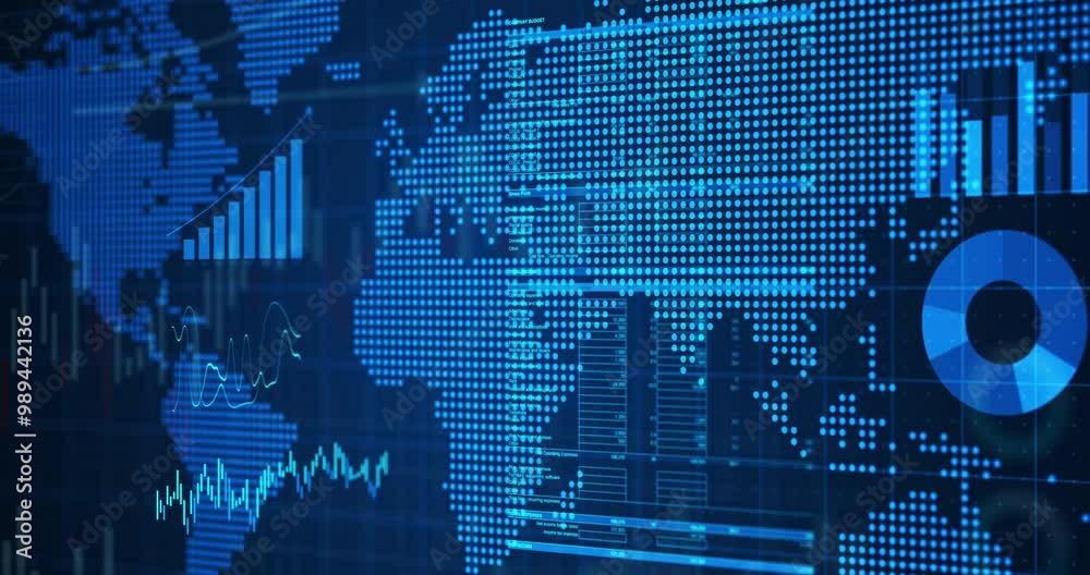 Aufkleber data, infographic and map with chart for global analytics or statistics on a blue background. hologr