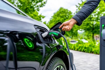 A close-up of a person plugging an electric vehicle into a charging station, showing the shift toward green energy