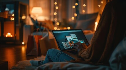 Cozy Living Room with Warm Lighting and Online Shopping on Laptop for Holiday Deals