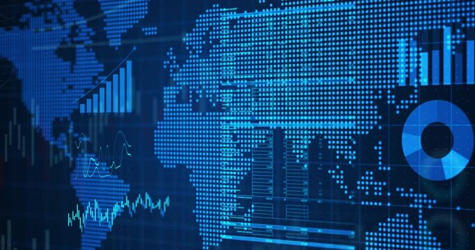 Data, infographic and map with chart for global analytics or statistics on a blue background. Holographic icons, shapes or lines with growth, graph or increase of population in economy infrastructure