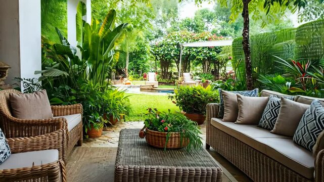 A wicker patio set sits on a wood deck overlooking a lush, green backyard with a pool in the distance