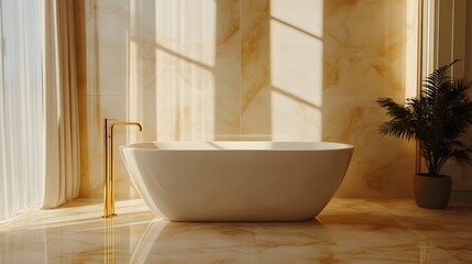 Fototapeta premium Rustic bathroom ambiance featuring a clawfoot tub against stone backdrop