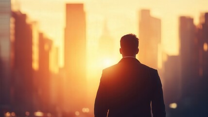 A silhouette of a man in a suit stands against a vibrant sunset over a city skyline, evoking a sense of ambition and reflection.