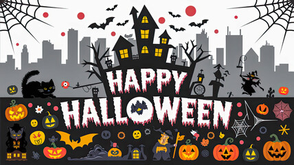 Haunted House, Happy Halloween, celebration pumpkin, ghost, bats and black cats. with Text, Full Moon spooky night mysterious forest darkness scene background.