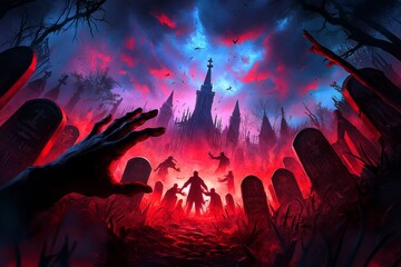 Fototapeta premium A creepy graveyard with tombstones bathed in crimson light, where shadowy figures and ghostly hands reach out from the ground, in a creepy fantasy artwork illustration