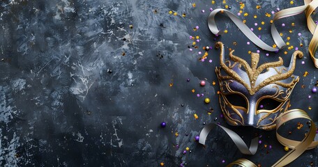 Mardi Gras Carnival Mask with Confetti and Ribbon