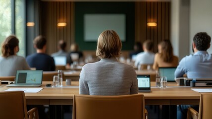 Fototapeta premium A focused audience sits in a modern conference room, engaging with a presentation on a screen ahead, emphasizing learning and collaboration.
