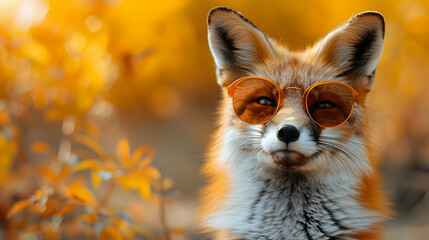 Red Fox Wearing Sunglasses in Autumn Forest -  Photo