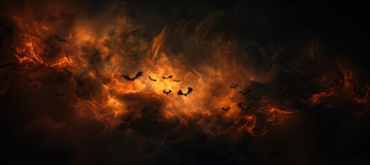 Dark and Moody Halloween Abstract Background with Bats and Glowing Orange Highlights